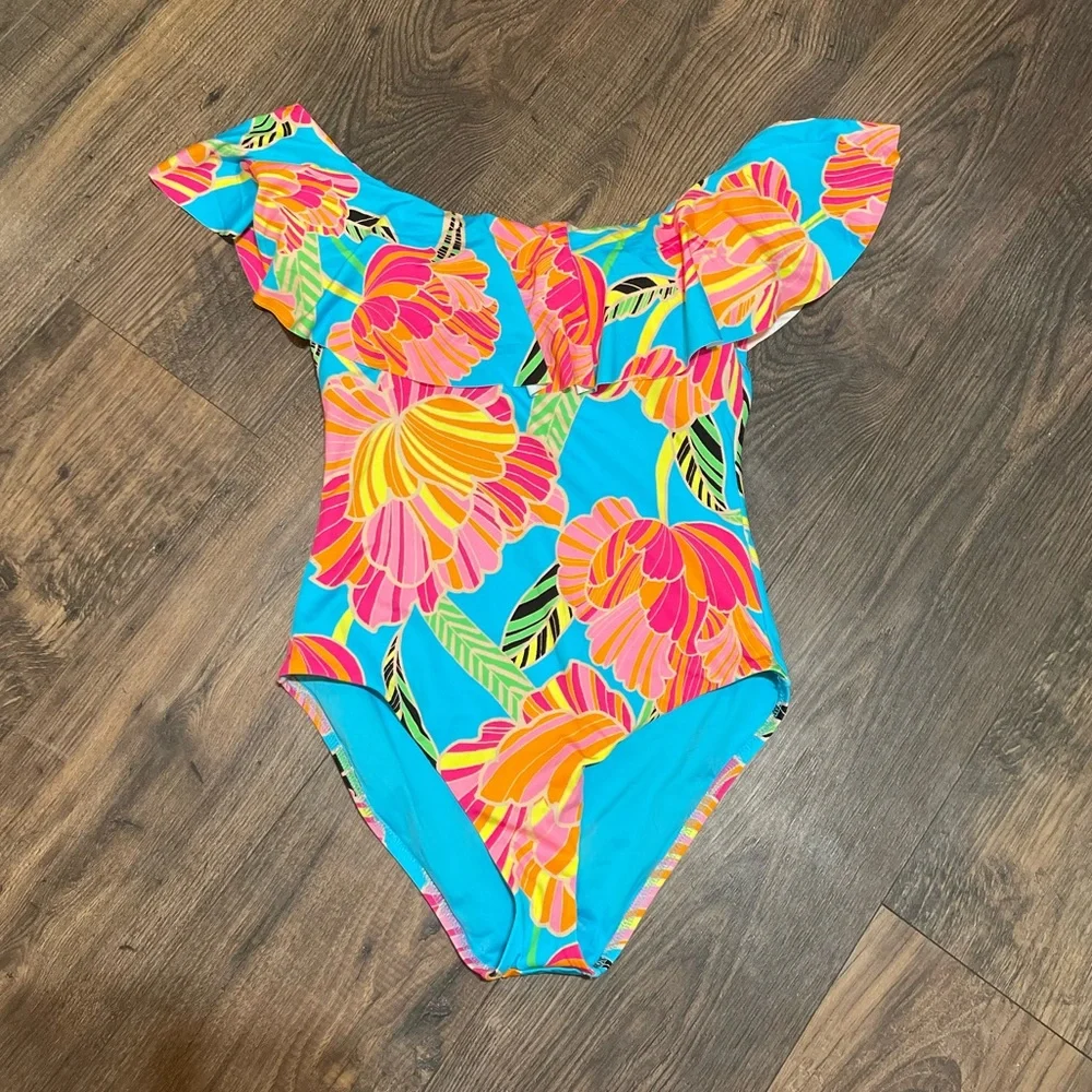 Trina Turk Womens POPPY OTS RUFFLE BANDEAU 1 Pc Swimsuit Off Shoulder Sz 10 - Picture 3 of 5